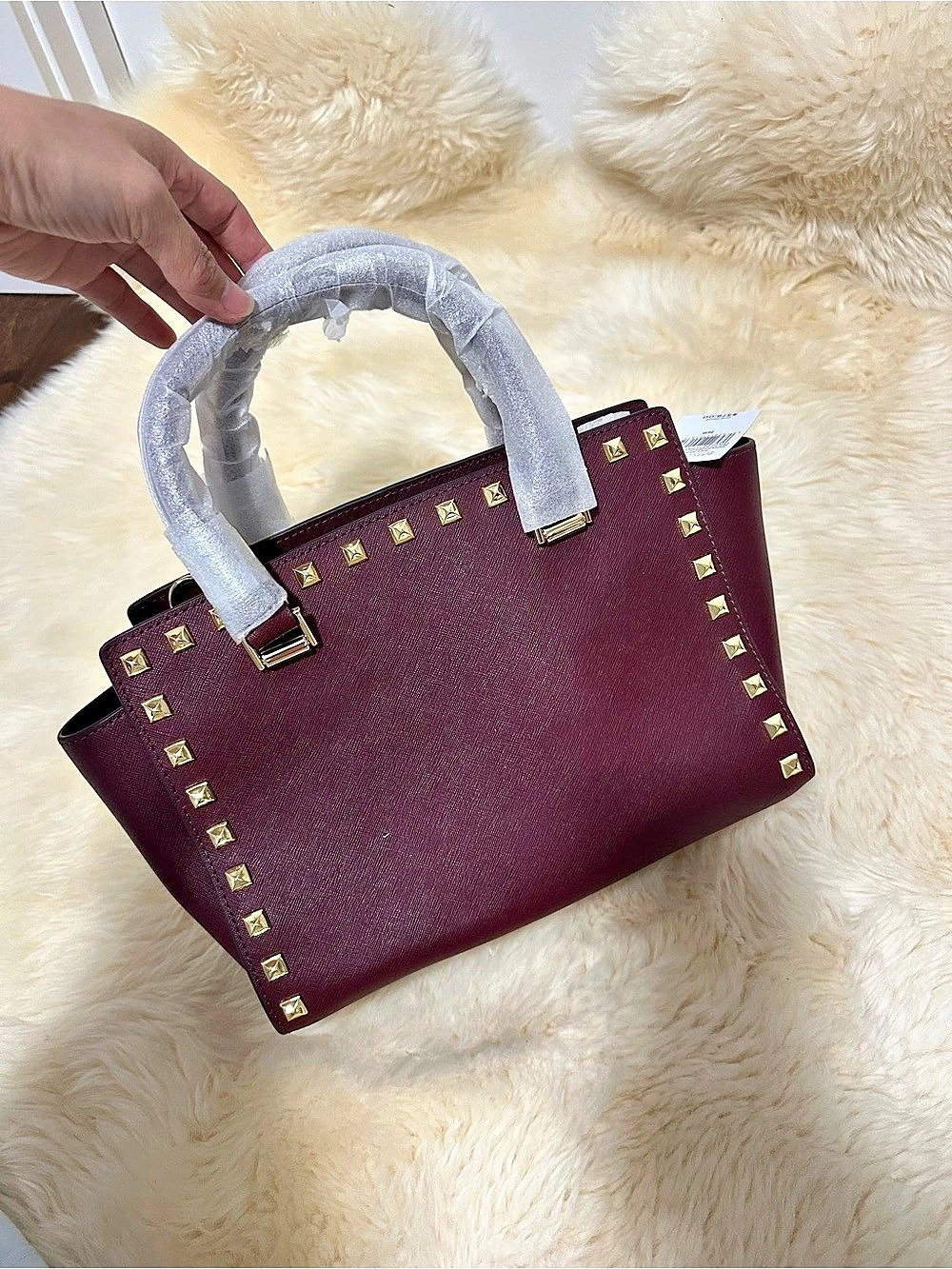 Michael Kors Selma Stud Medium Top Zip Satchel Burgundy